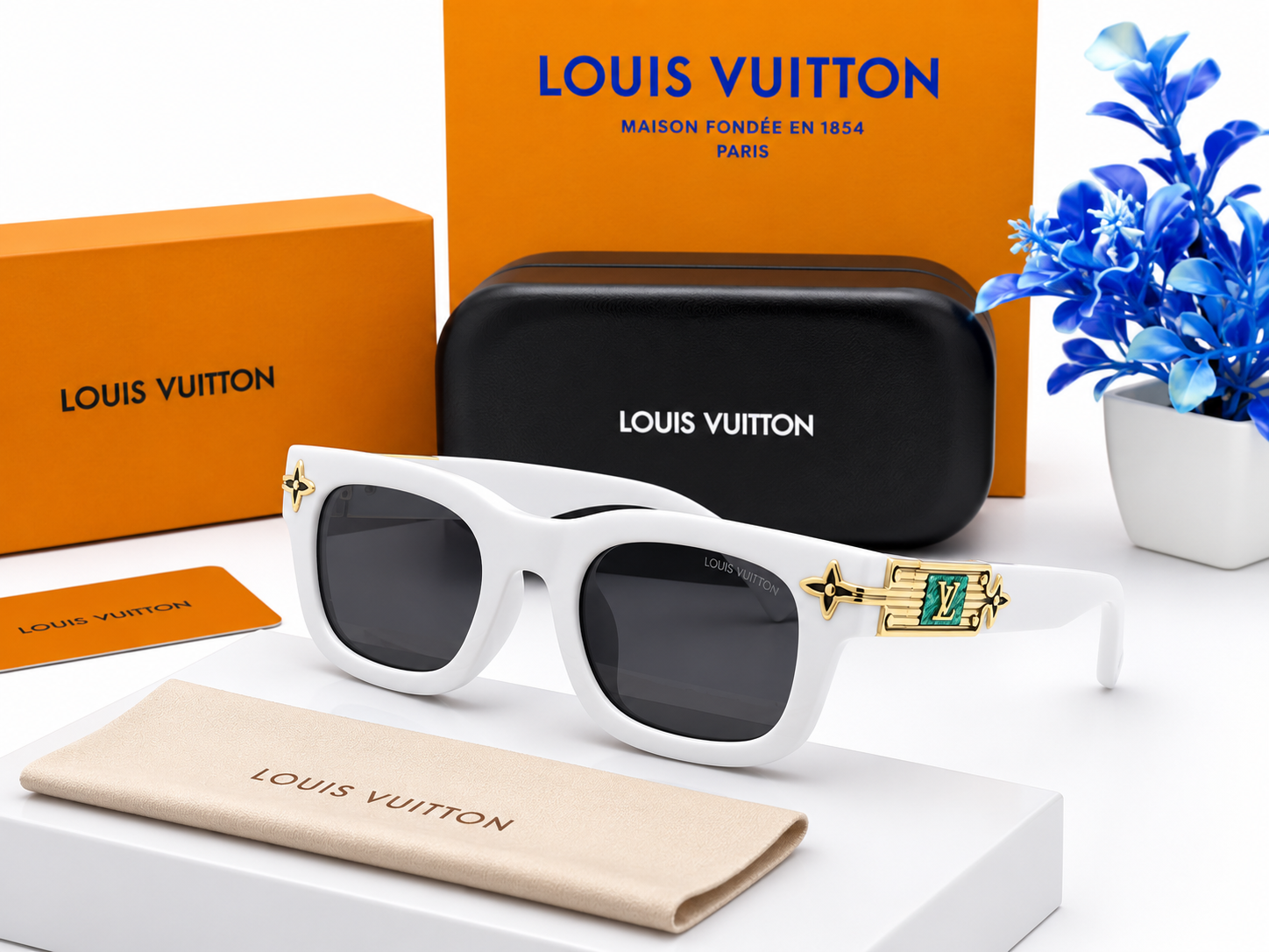 L&V-8898 White Square Sunglasses – White Frame with Black Lens