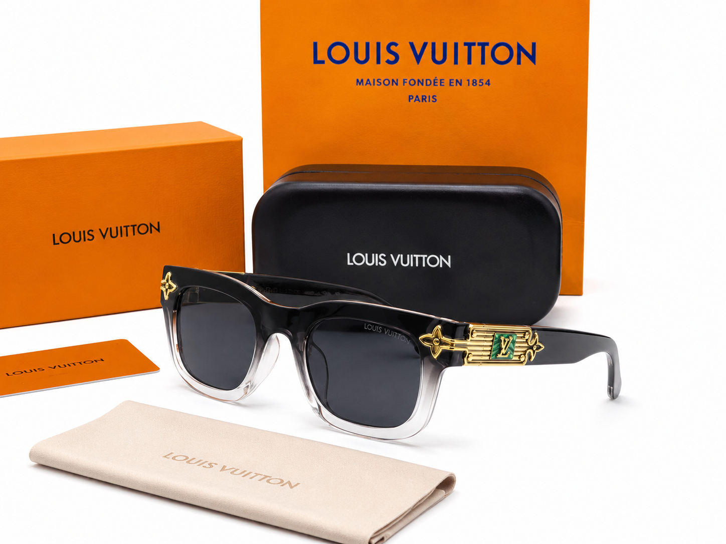 L&V-8898 Gradient Square Sunglasses – Black &amp; Crystal Frame with Grey Lens